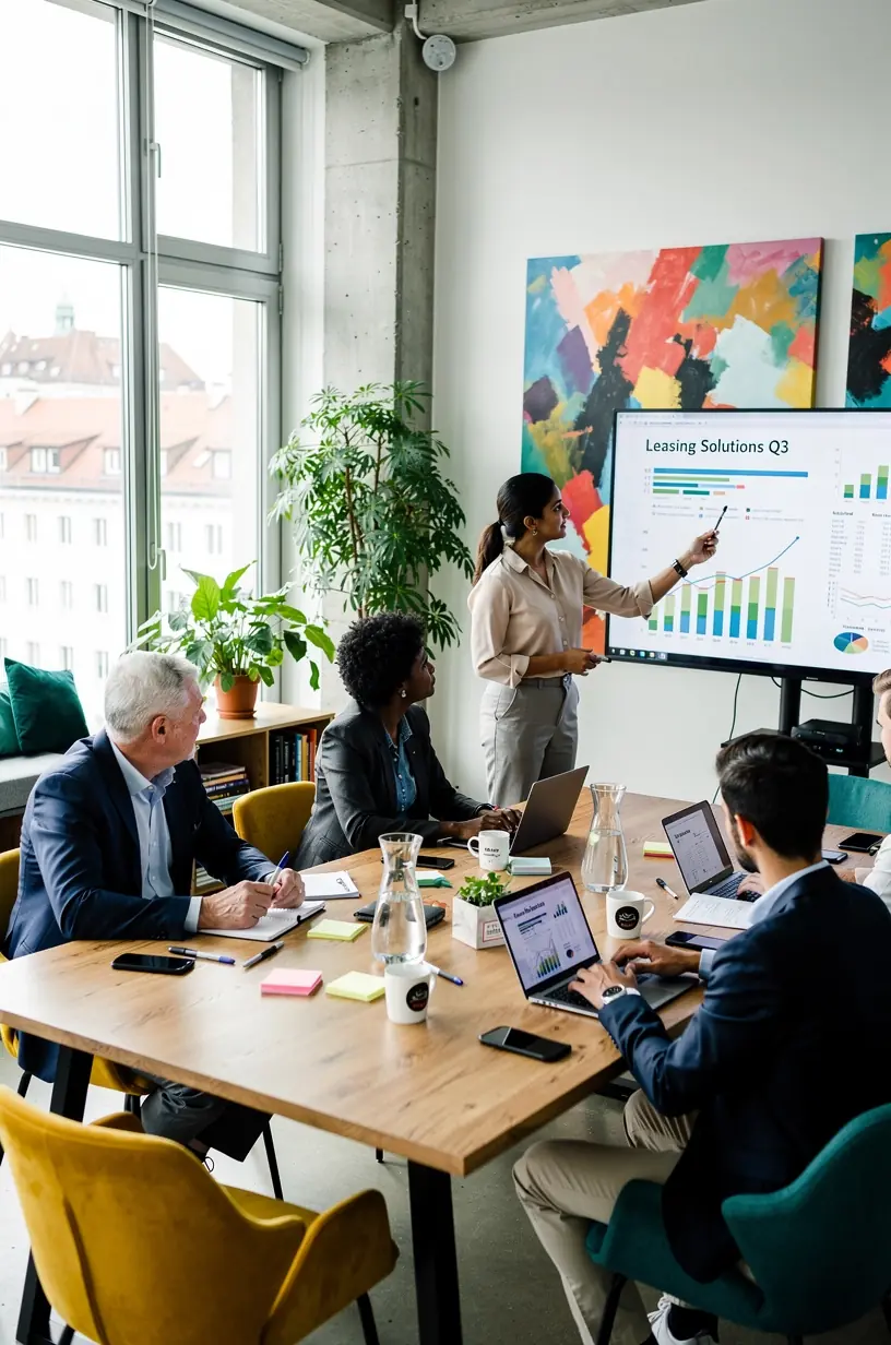 Berater erklärt einem Kunden die Vorteile von B2B-Krediten und Corporate Finance Lösungen anhand eines digitalen Tablets.